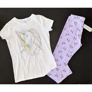 Cat & Jack Unicorn White Short Sleeve Shirt Top Purple Lavender Leggings Pant XL